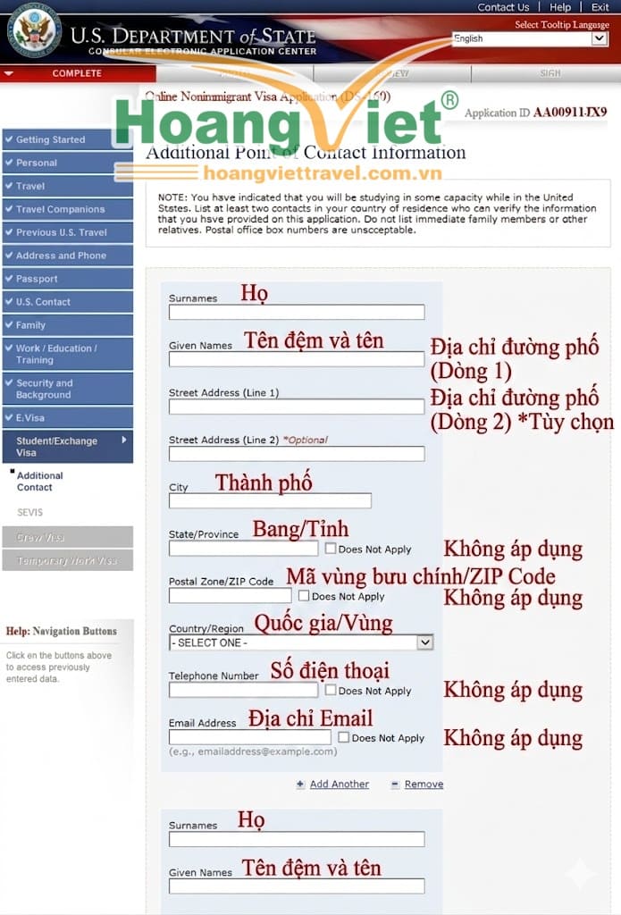 Ảnh chụp màn hình mẫu đơn xin thị thực không định cư trực tuyến của Bộ Ngoại giao Hoa Kỳ. Mẫu đơn bằng tiếng Việt và bao gồm các mục dành cho họ tên, địa chỉ, thành phố, tiểu bang, mã bưu chính, quốc gia, số điện thoại và email. Menu điều hướng nằm ở bên trái.