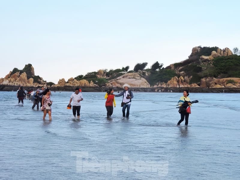 People wade through shallow water near rocky islands, enjoying a sunny day. They carry cameras and bags, capturing memories.