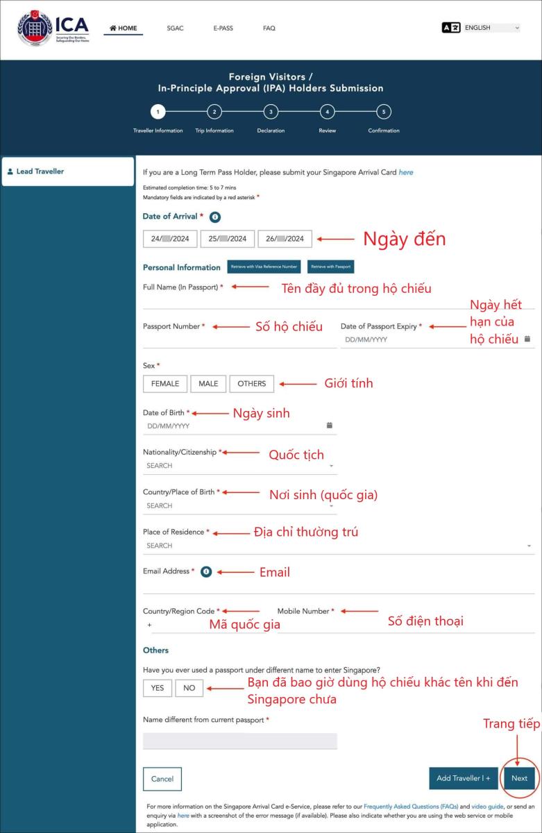 Mẫu đơn trực tuyến trên trang web của ICA dành cho du khách nước ngoài đến Singapore. Các mục bằng tiếng Anh và tiếng Việt bao gồm ngày đến, thông tin cá nhân, chi tiết hộ chiếu và thông tin liên hệ.