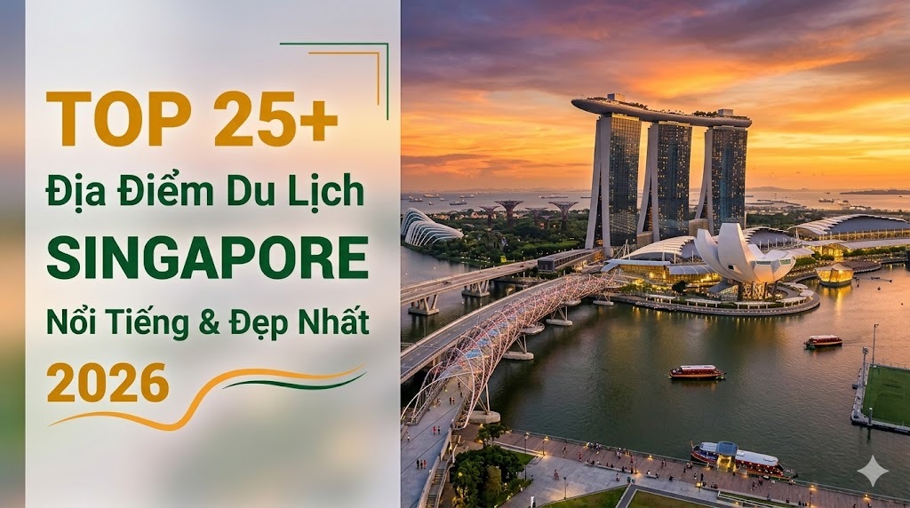 Hình ảnh quảng bá cho các điểm du lịch hàng đầu tại Singapore năm 2026, với cảnh hoàng hôn nhìn ra Marina Bay Sands và các địa danh xung quanh