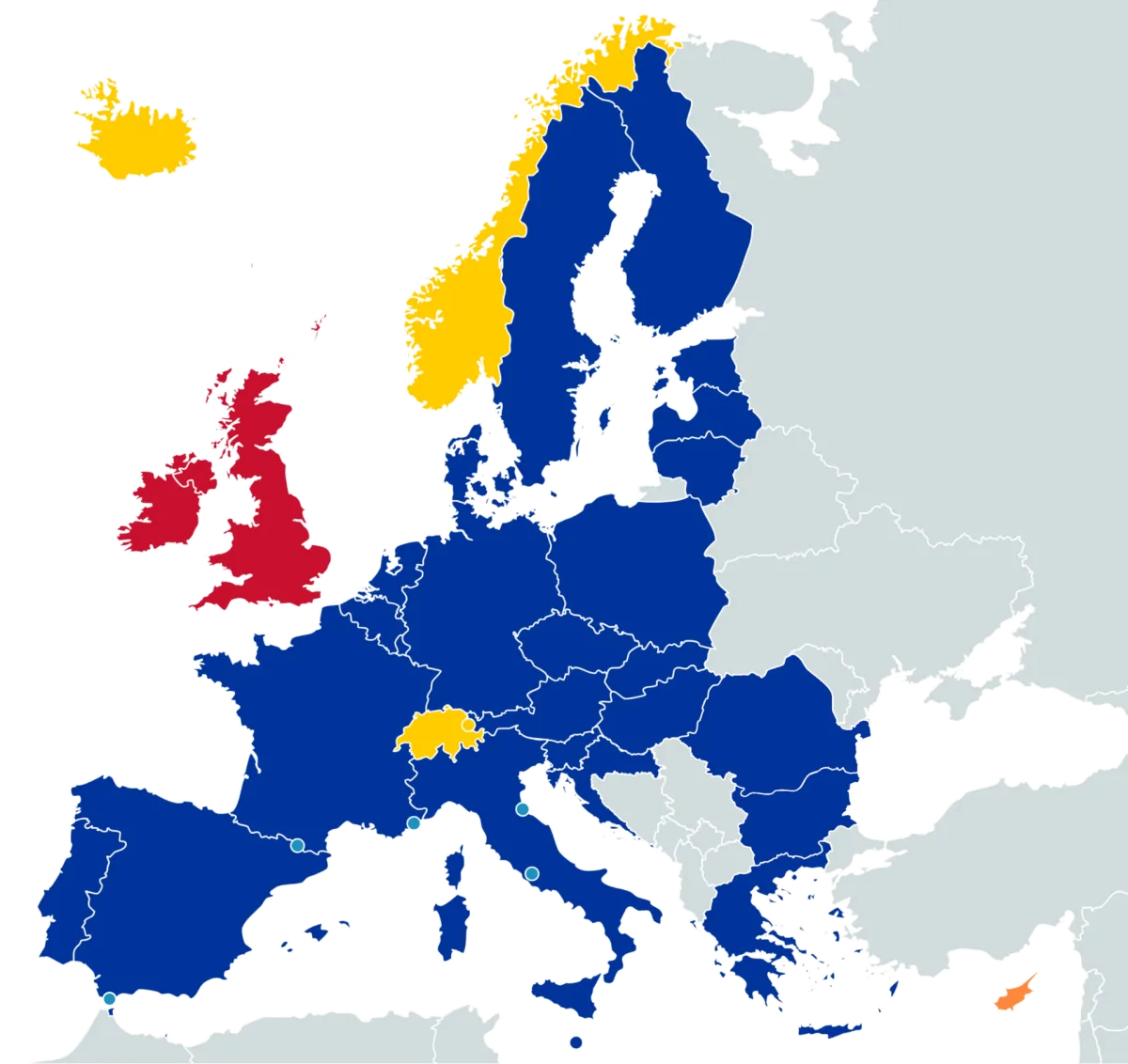 Bản đồ khu vực Schengen với các nước thành viên châu Âu được tô màu xanh.