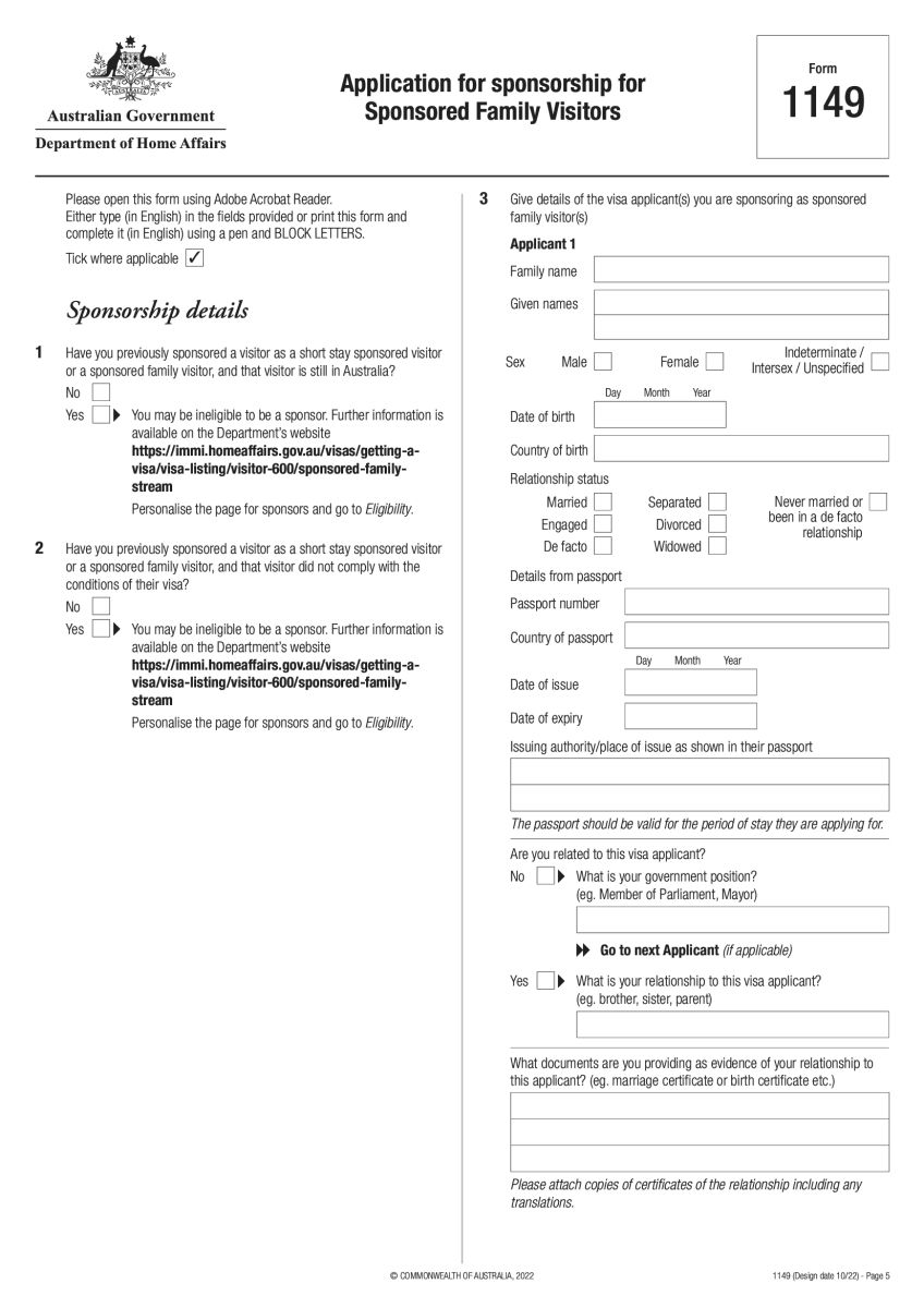 Mẫu đơn 1149 bảo lãnh visa du lịch Úc diện Sponsored family stream
