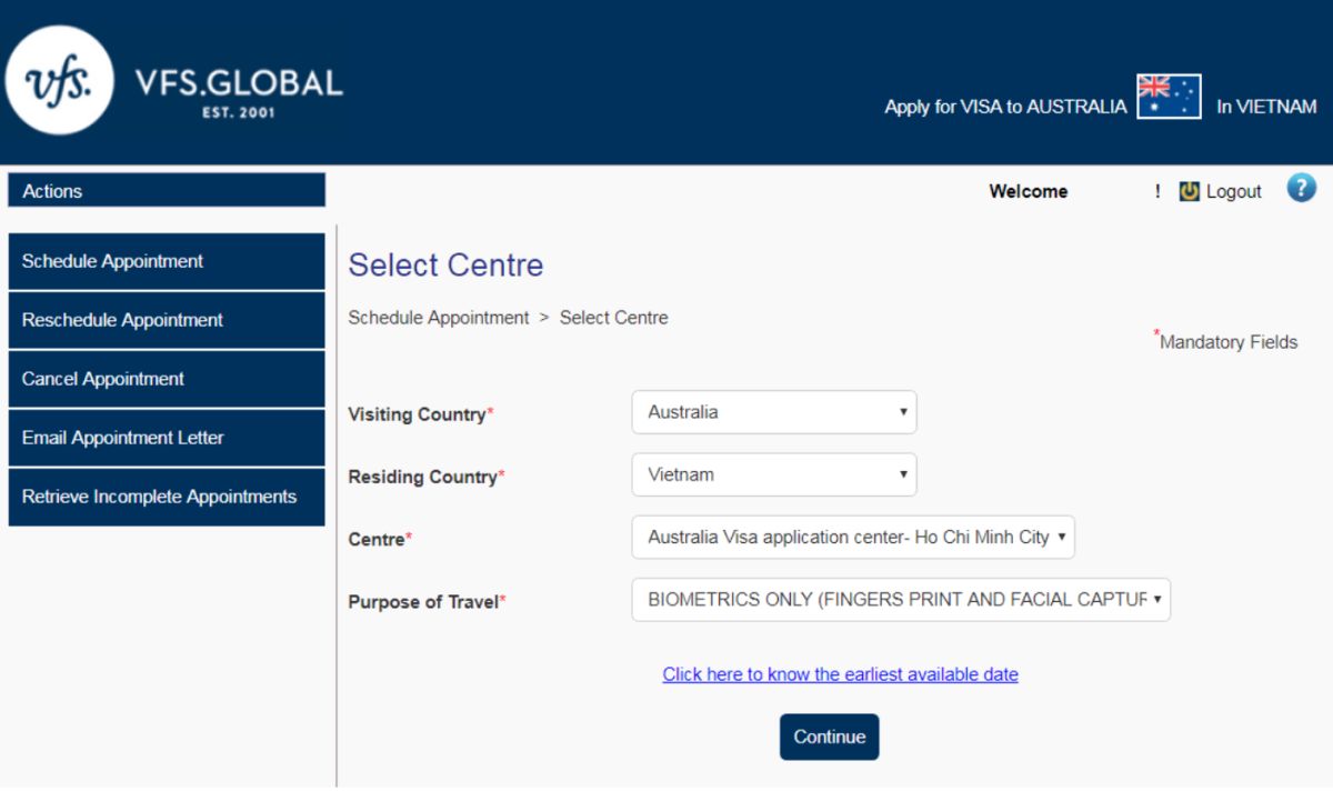 Giao diện đặt lịch sinh trắc học visa Úc tại VFS Global Việt Nam