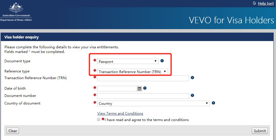 Giao diện VEVO dùng để kiểm tra tình trạng và điều kiện visa Úc