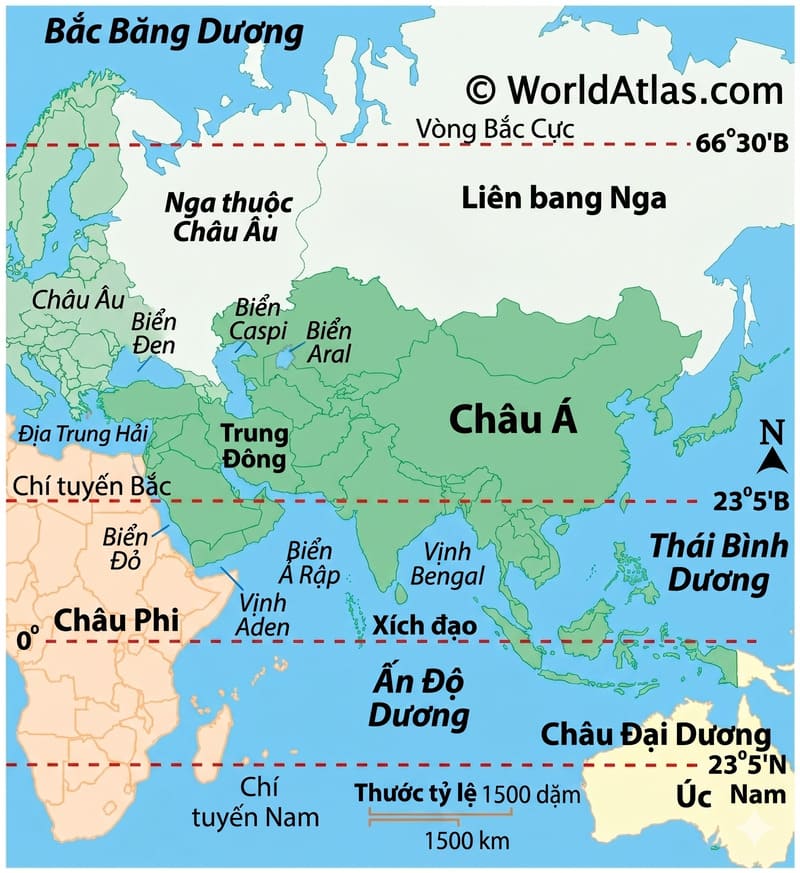 Bản đồ Liên bang Nga màu trắng, thể hiện các khu vực xung quanh. Liên bang Nga trải dài từ Châu Âu đến Châu Á