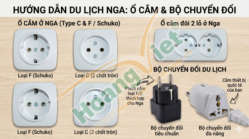 Chú thích ảnh: Hướng dẫn về ổ cắm điện và bộ chuyển đổi nguồn du lịch của Nga. Trình bày bốn loại ổ cắm (Loại C và F), ổ cắm đôi và bộ chuyển đổi nguồn du lịch trên bề mặt gỗ.