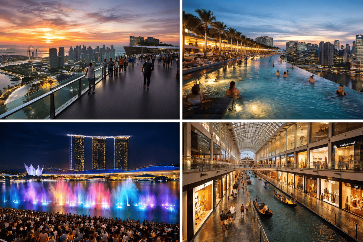 Bức tranh ghép bốn phần thể hiện những cảnh sắc sống động: trên cùng bên trái, toàn cảnh hoàng hôn thành phố; trên cùng bên phải, bể bơi trên sân thượng với tầm nhìn ra đường chân trời; dưới cùng bên trái, màn trình diễn nhạc nước đầy màu sắc; dưới cùng bên phải, trung tâm thương mại trong nhà với kênh đào và thuyền gondola.